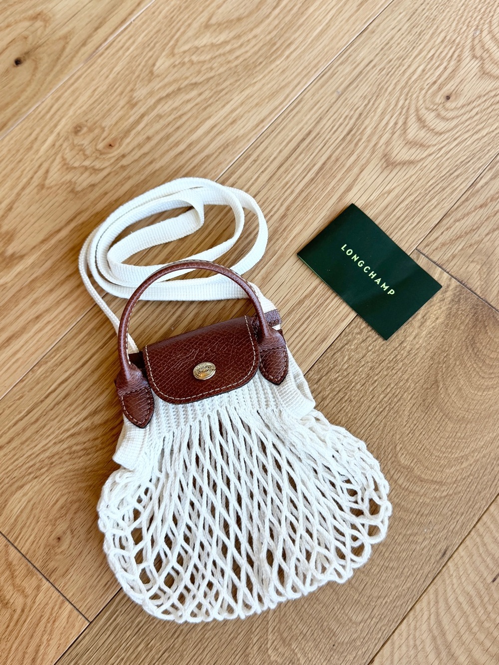 Longchamp Le Pliage Filet Mini Bag with Brown Leather Trim | White